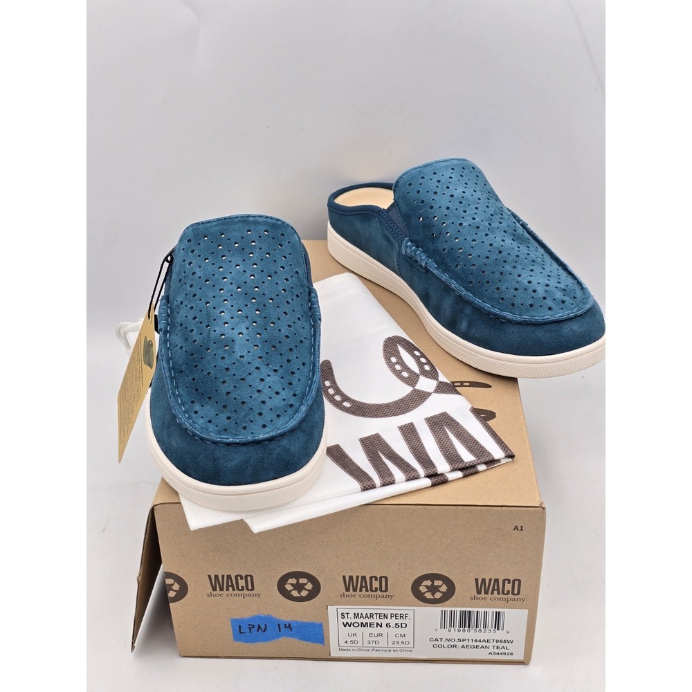 Waco SPENCO St. Maarten Women Sz 6.5 D Perforated Suede Slip-On Mules Shoes Teal